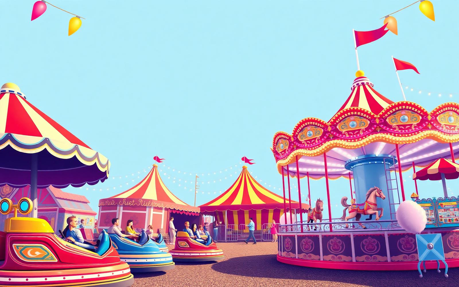 Colourful funfair with carousel, bumper cars and candy floss